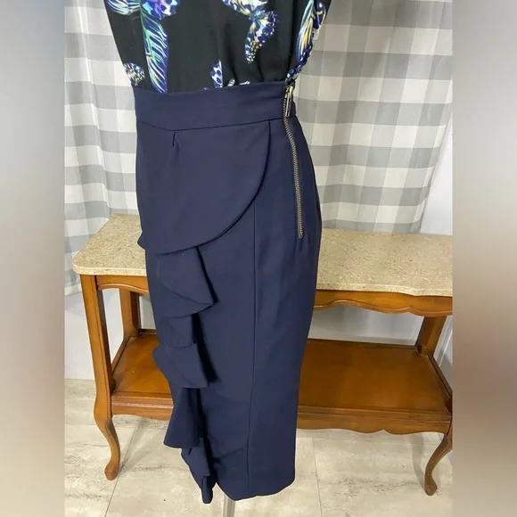Skirts Navy Ruffle Pencil Skirt Side Zipper Fits Very